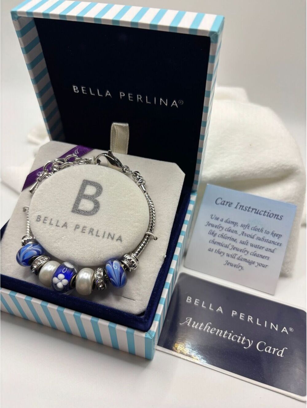 Bella Perlina Glass Faux Pearl Rhinestone Beaded Charm Bracelet